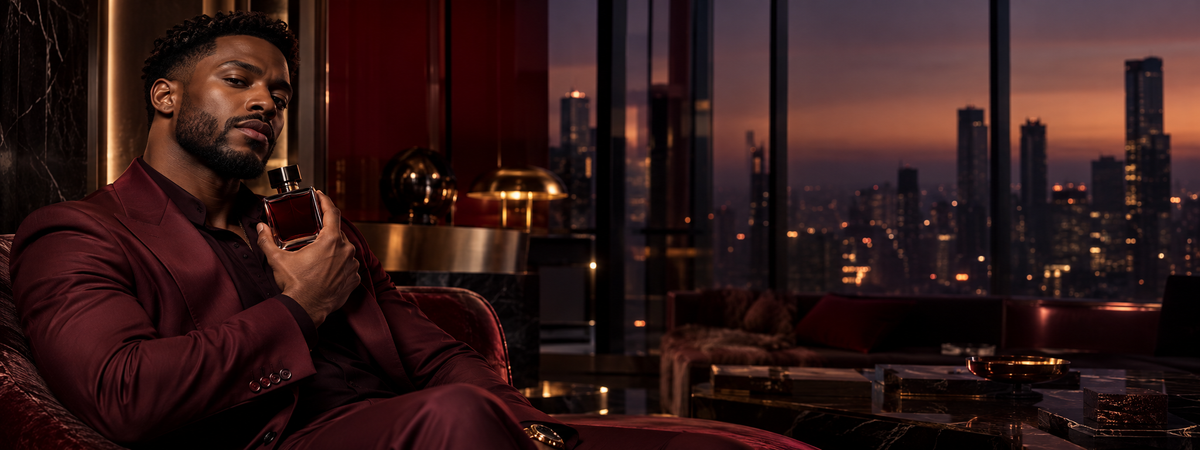 Man holding fragrance in a burgundy penthouse